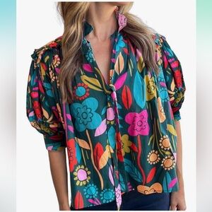 Mod Botique- Womens V Neck Blouse Puff Sleeve Trendy, Floral, size XL